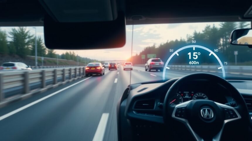 Autó vezetés közben az adaptív tempomat kijelzője a sebességet mutatja.