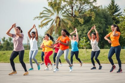 Csoportos testmozgás a szabadban, energikus emberekkel.