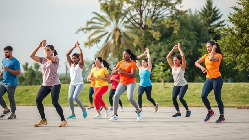 Csoportos testmozgás a szabadban, energikus emberekkel.