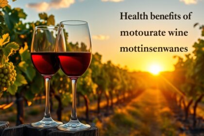 Két pohár vörösbor naplementében szőlőültetvény mellett.