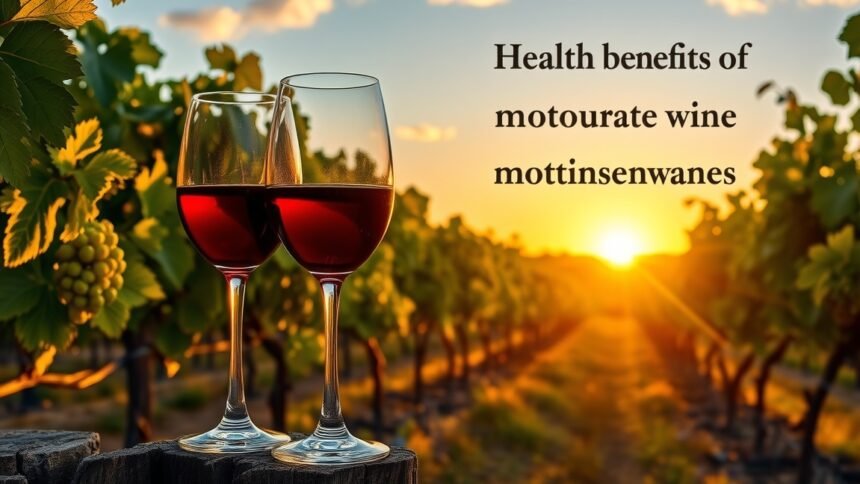 Két pohár vörösbor naplementében szőlőültetvény mellett.