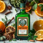 Jägermeister üveg gyógynövények és citrusfélék között
