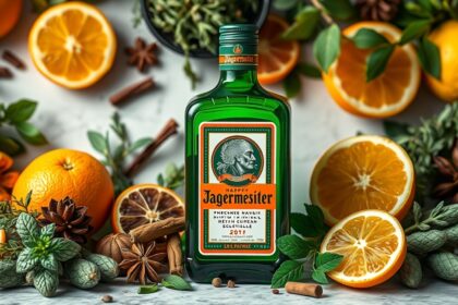 Jägermeister üveg gyógynövények és citrusfélék között