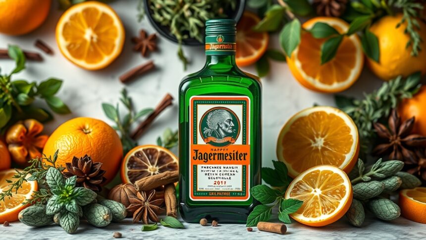 Jägermeister üveg gyógynövények és citrusfélék között