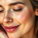 Egy nő közelről, aki boldogan érinti az arcát virág mellett.