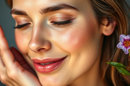 Egy nő közelről, aki boldogan érinti az arcát virág mellett.
