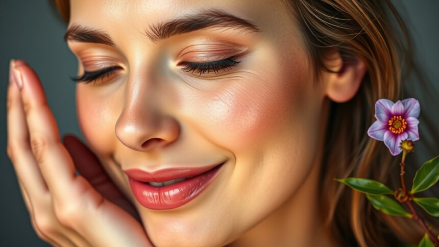 Egy nő közelről, aki boldogan érinti az arcát virág mellett.