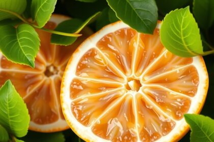 Friss fehér grapefruit szeletek zöld levelekkel körülvéve