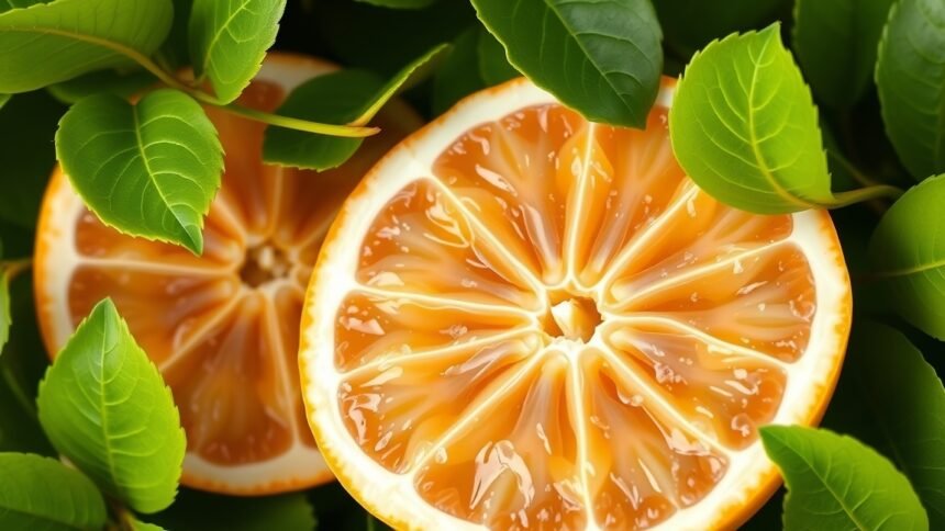 Friss fehér grapefruit szeletek zöld levelekkel körülvéve