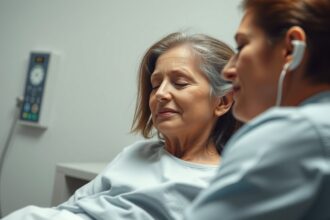 Beteg és egészségügyi szakember beszélgetés közben a kezelés során.