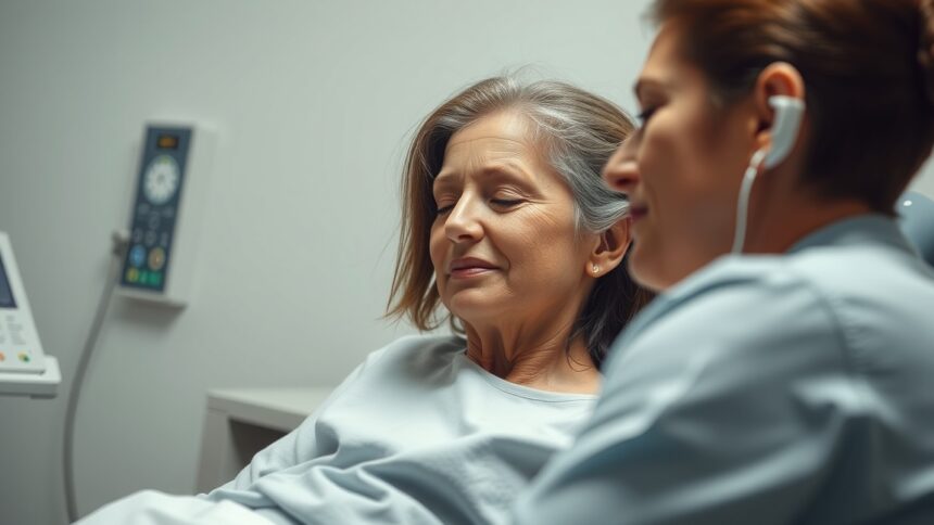 Beteg és egészségügyi szakember beszélgetés közben a kezelés során.