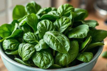 Spenót levelek egy tálban, tápláló zöldség