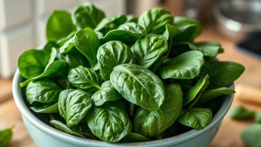 Spenót levelek egy tálban, tápláló zöldség