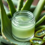 Aloe vera gél egy üvegben, friss aloe vera levelekkel körülvéve.