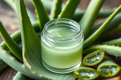 Aloe vera gél egy üvegben, friss aloe vera levelekkel körülvéve.