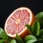 Friss rózsaszín grapefruit szelet zöld levelekkel.