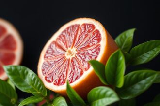 Friss rózsaszín grapefruit szelet zöld levelekkel.