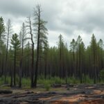 Erdőtüzek utánzónás terület, fák és égési nyomok láthatók.