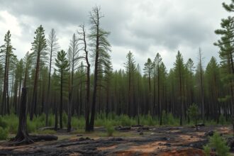 Erdőtüzek utánzónás terület, fák és égési nyomok láthatók.