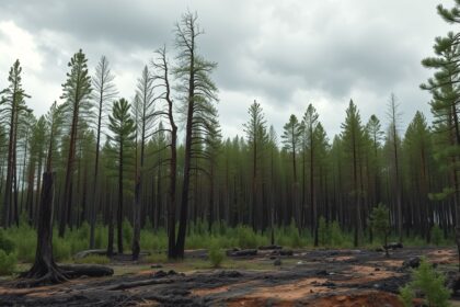 Erdőtüzek utánzónás terület, fák és égési nyomok láthatók.