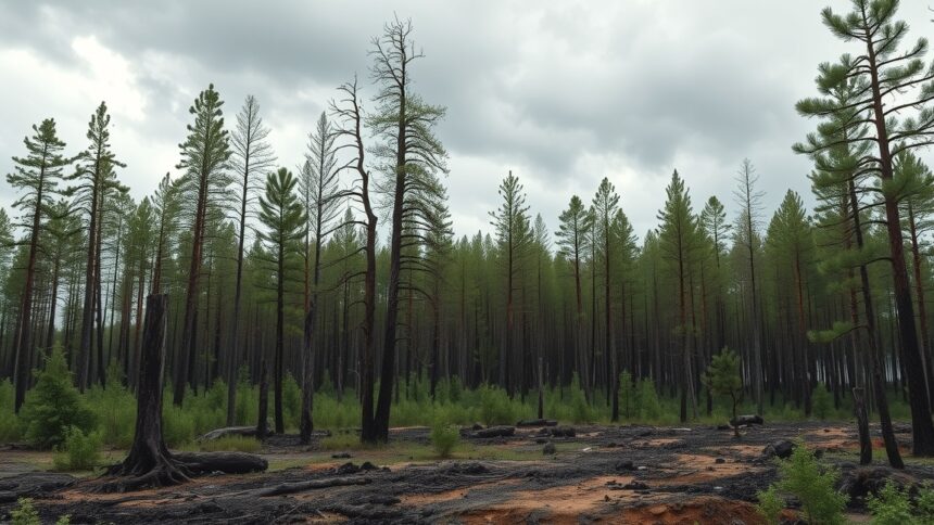 Erdőtüzek utánzónás terület, fák és égési nyomok láthatók.