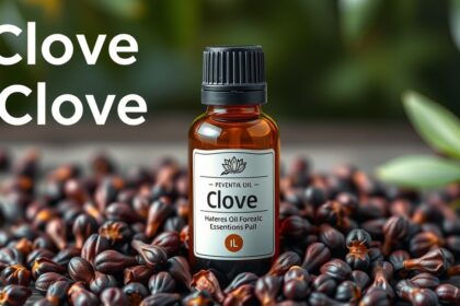 Szegfűszeg illóolaj üveg, szegfűszeg magokkal körülvéve