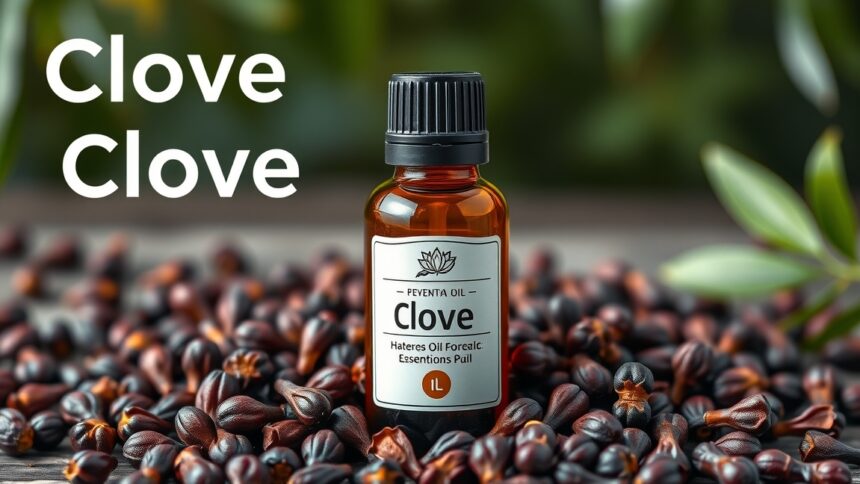 Szegfűszeg illóolaj üveg, szegfűszeg magokkal körülvéve