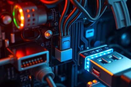 USB csatlakozók és kábelek egy számítógép belsejében.