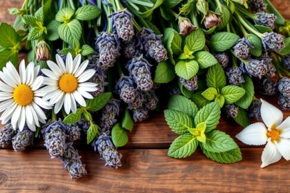 Friss gyógynövények, mint a levendula, kamilla és borsmenta.