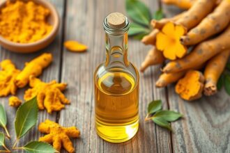 Kurkumaolaj üvegpalack friss kurkuma gyökerekkel és porral.
