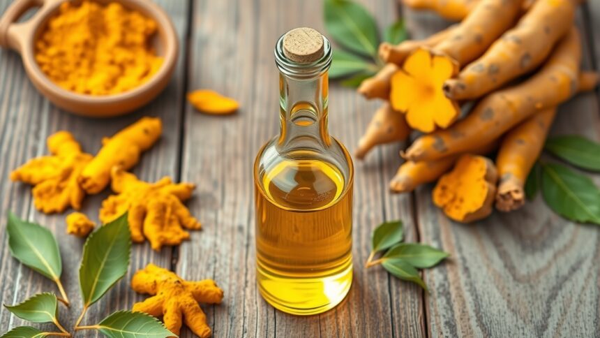 Kurkumaolaj üvegpalack friss kurkuma gyökerekkel és porral.