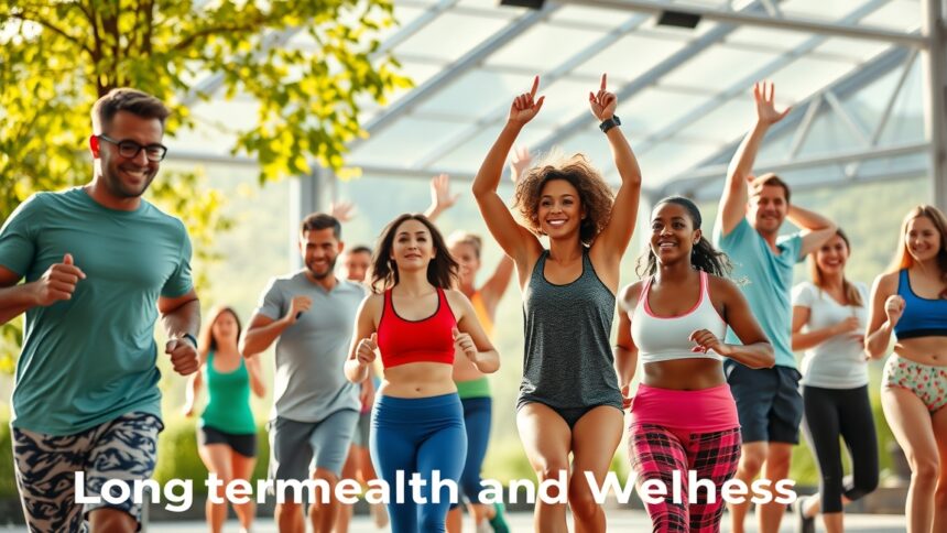 Csoportos edzés, emberi egészség és fittség pohárba fogva.