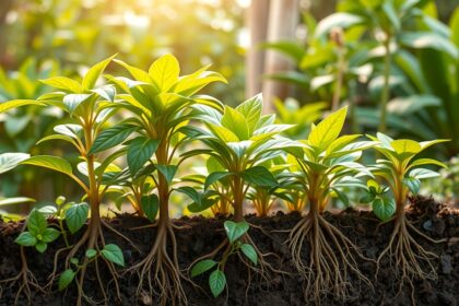 Egészséges növények gyökerei és levelei a kertben.