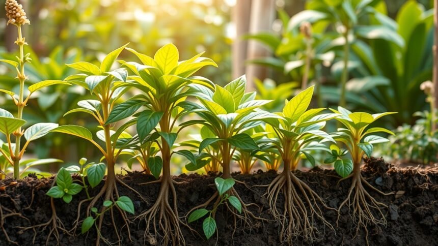 Egészséges növények gyökerei és levelei a kertben.