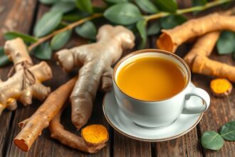 Gyömbér és kurkuma tea friss gyökerekkel és levelekkel