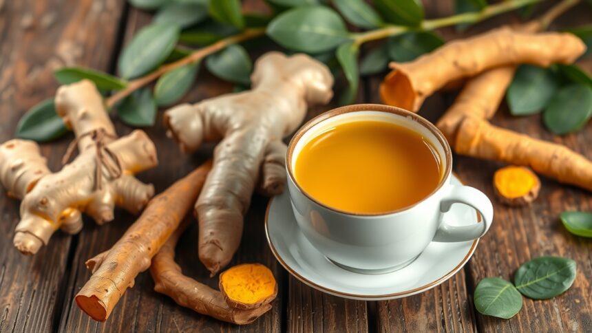 Gyömbér és kurkuma tea friss gyökerekkel és levelekkel