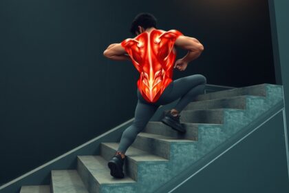 Izomépítő lépcsőzés során egy férfi mászik a lépcsőn.