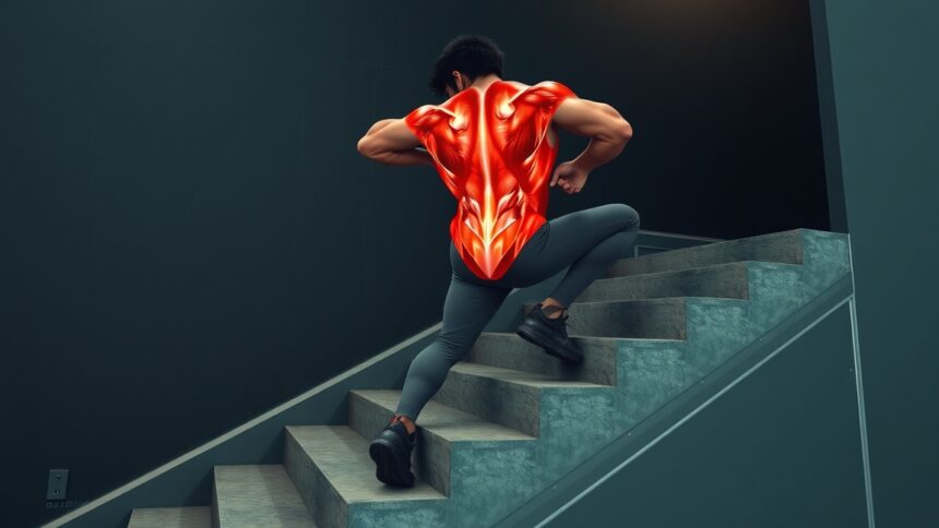 Izomépítő lépcsőzés során egy férfi mászik a lépcsőn.