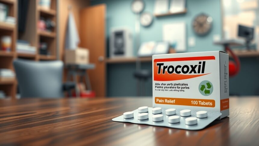Trocoxil fájdalomcsillapító gyógyszer doboza és tablettái