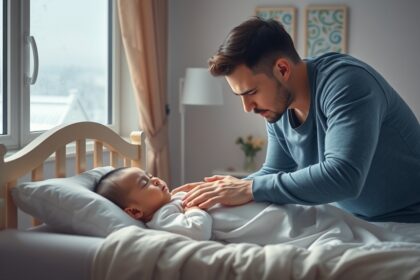 Baba alvás közben, apja gondoskodó figyelmében, otthoni környezetben.