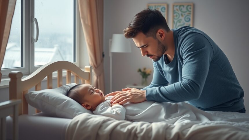 Baba alvás közben, apja gondoskodó figyelmében, otthoni környezetben.