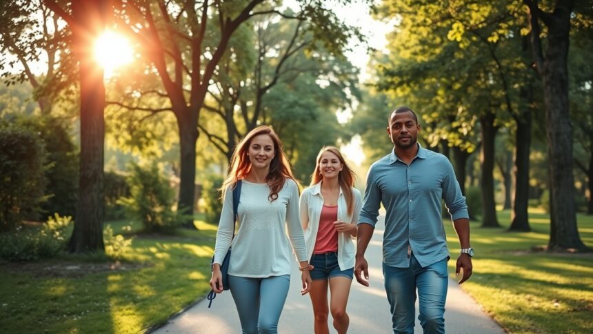 Fiatalok sétálnak a parkban naplementében, egészséges életmód.