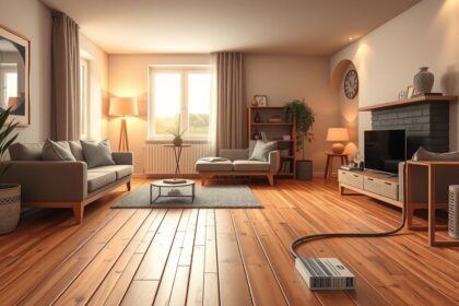 Modern nappali padlófűtéssel, kényelmes bútorok és esztétikus dekoráció