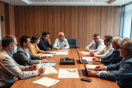 Üzleti megbeszélés szabályozásról és gazdasági hatásokról.