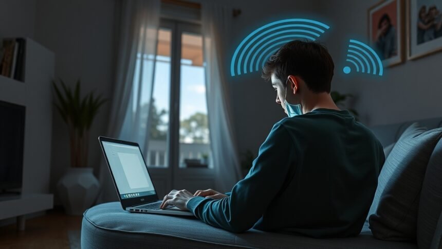 Fiatal férfi, aki laptopot használ Wi-Fi jelek mellett.