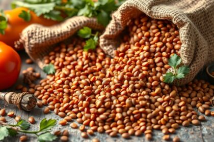 Vöröslencse és zöldségek tápláló alapanyagokkal az egészséges táplálkozáshoz.