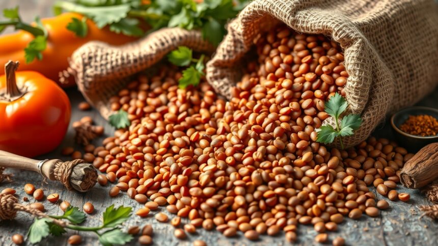 Vöröslencse és zöldségek tápláló alapanyagokkal az egészséges táplálkozáshoz.