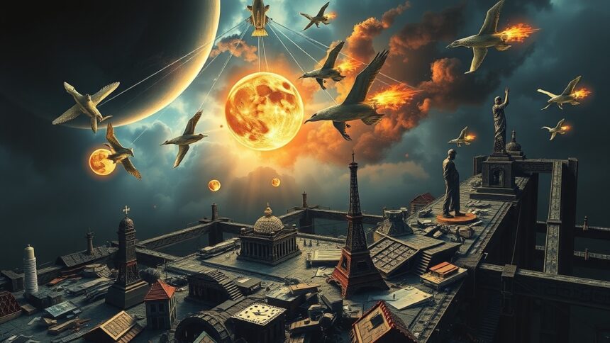 Fantasztikus ábrázolás az emberi eszmék hatásáról és jövőnkről.