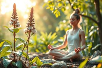 Meditáló nő a macskagyökér virágaival, természetes stresszcsökkentés