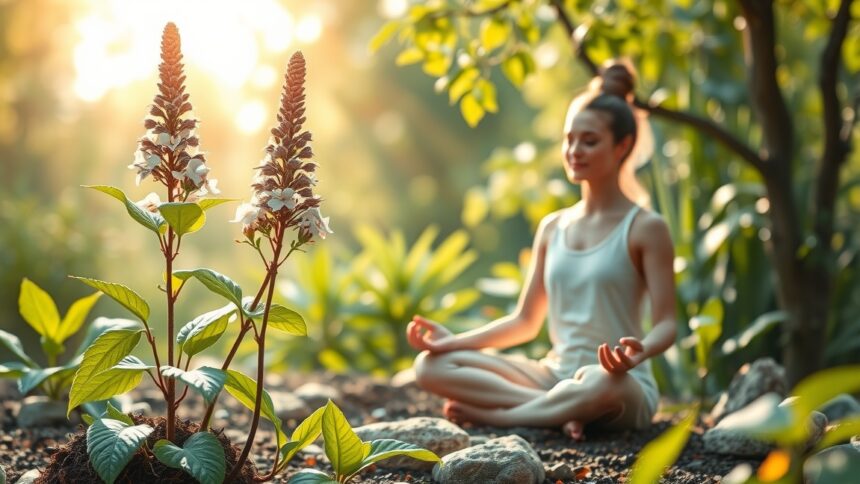 Meditáló nő a macskagyökér virágaival, természetes stresszcsökkentés